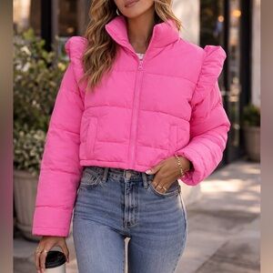 Simply Southern Pink Puffer Jacket Ruffle Sleeve XS S Cropped Quilted Coat